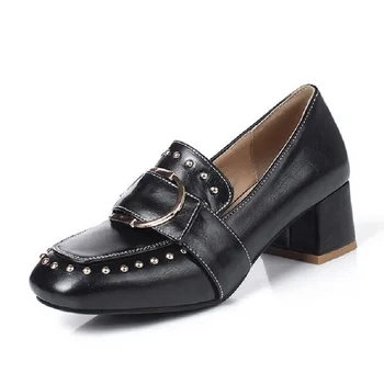 

Green Brown Chaussure Femme Suqare Women Pumps Thick Heel Shoes Low-Top Preppy Tide Rivet Punk Women High Heels Vogue Shoes