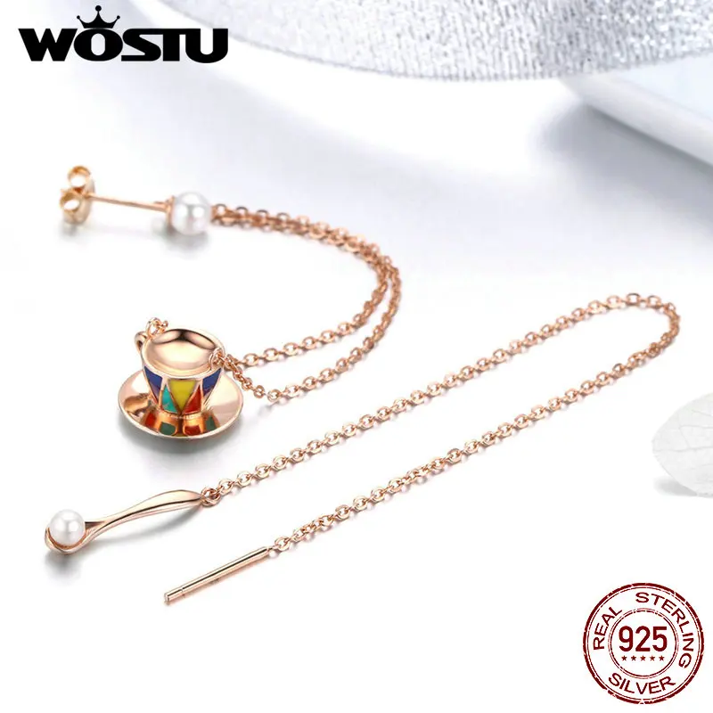

WOSTU Delicate Tea Cup & Pearl Spoon Dangle Earrings 925 Sterling Silver Rose Gold Long Line Earrings For Women Jewelry FNE068