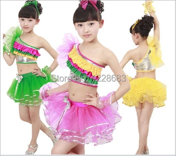 

New 2016 Discount Cheap Green Pink Yellow Rainbow Unequal Crop Top De Baile Latino Girls Latin Dance Costumes