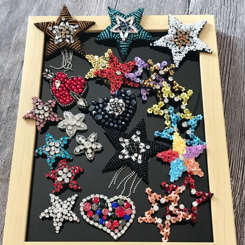 

Beaded Crystal Star Heart Patches Gold Badge Embroidery Applique Sew on Embossed Clothes Craft Sewing Scrapbooking