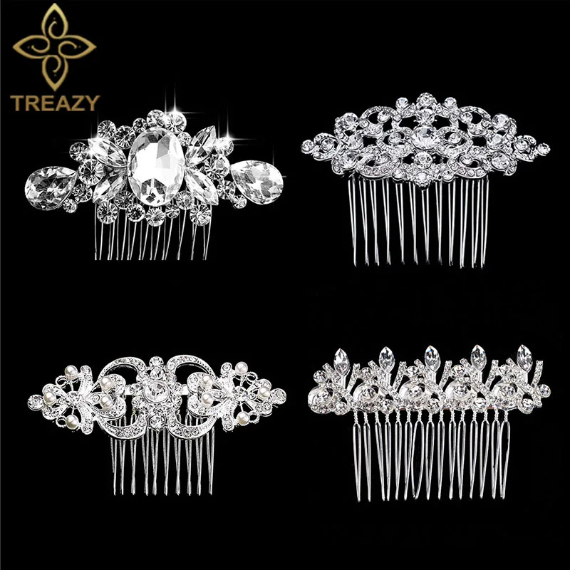 

TREAZY Silver Color Wedding Hair Combs For Bride Pearls Crystal Women Hairpins Bridal Headpiece Hair Jewelry Accessories Gifts