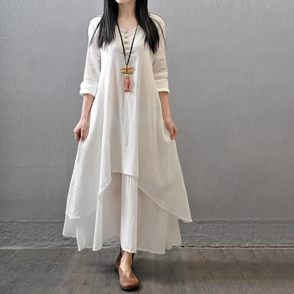 

Feitong womens fashion loose long-sleeved cotton linen boho style ladies dress 2019 summer womens solid color V-neck long dress