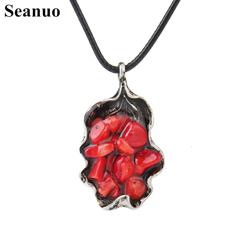 

Seanuo 2017 DIY Ancient silver red coral stone leather pendant necklace for men women fashion charm rope choker collar necklaces