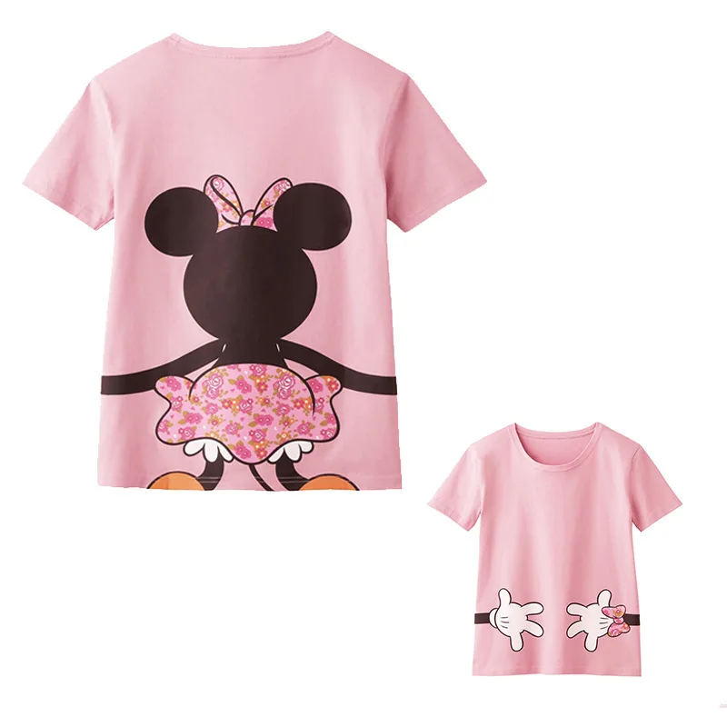 Детская футболка белая, розовая футболка с короткими рукавами с Микки и Минни, розовая ткань с маргаритками для девочек, лето, одежда для семьи - Цвет: pink minnie