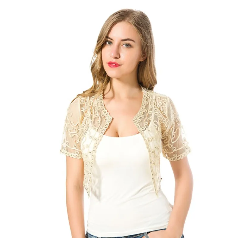 Women Basic Coat 2018 Summer Style Women Perspective Shawl Fashion Hollow Out Lace Boleros Short Sleeve Coats Jackets Female