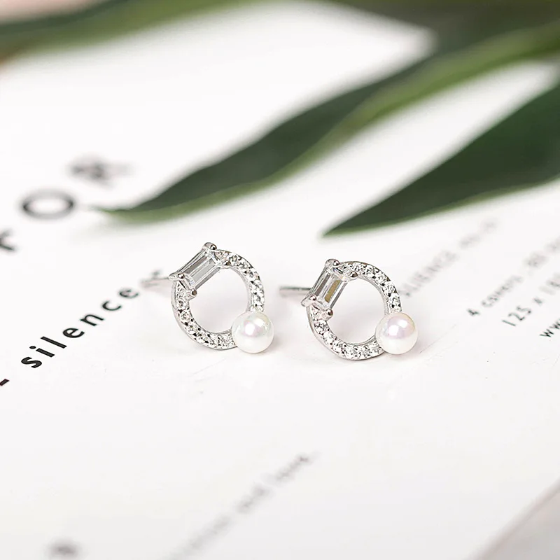 

Sweet Natural Pearl Ring Circle CZ 925 Sterling Silver Stud Earrings