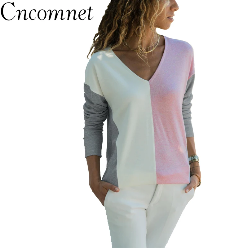 

Women Knit T-shirts Features Color Matching Long-sleeved V-neck T-shirts 2018 Fashion Women Loose and Comfortable Splice Top