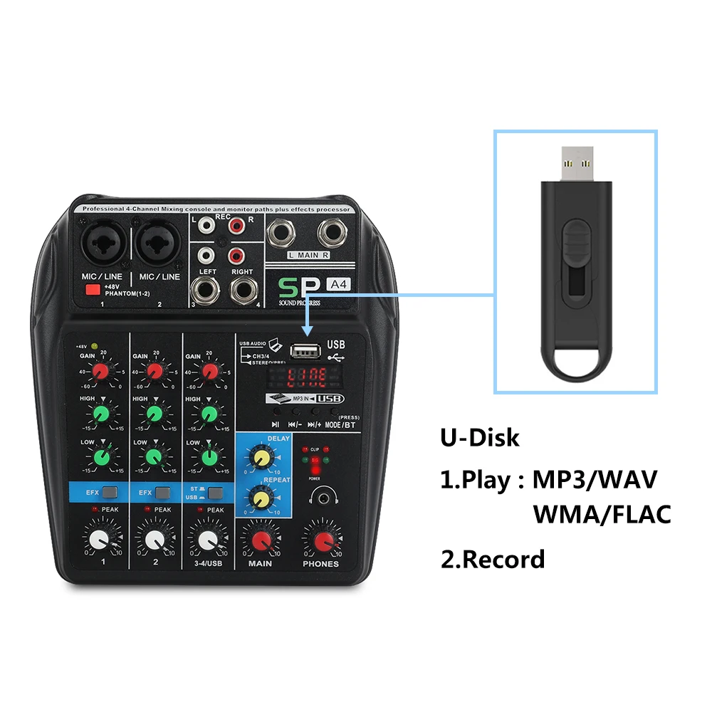 A4 4 канала аудио микшер звук микшерный пульт с Bluetooth USB Запись 48 В Phantom power Monitor Пути Плюс эффекты использования