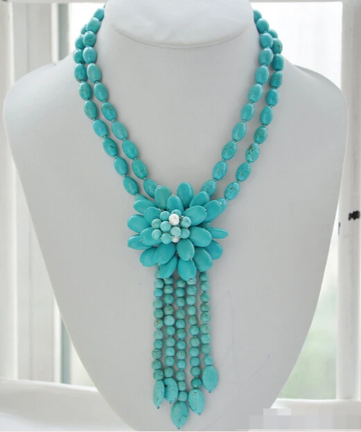 

ddh002751 2strands blue rice round turquoise bead flower necklace 18inch