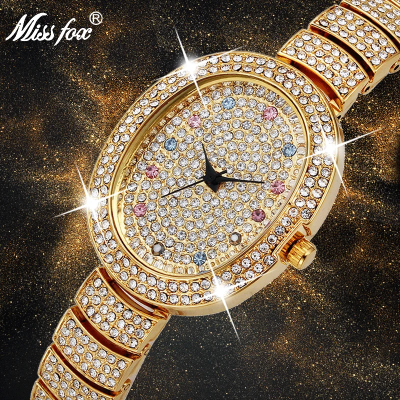 MISSFOX 30mm Small Womens Watch Elegent Colorful Lab Diamond Ladies Fashion Watches Famous Brand Gold Bu Female Wristwatches