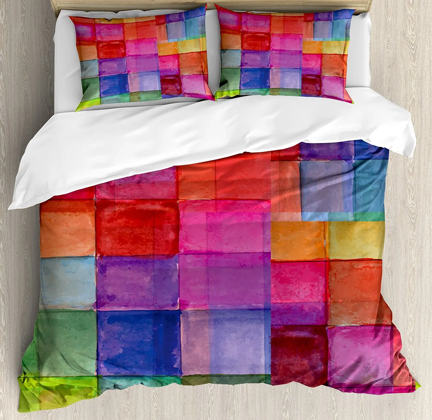 

Abstract Duvet Cover Set Rainbow Colored Geometric Square Shaped with Blurry Hazy Effects Watercolor Design, 4 Piece Bedding Set