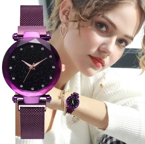 

Top Brand Watches For Women Rose Gold Mesh Magnet Buckle Starry Quartz Watch Geometric Surface Casual Women Quartz Wristwatches