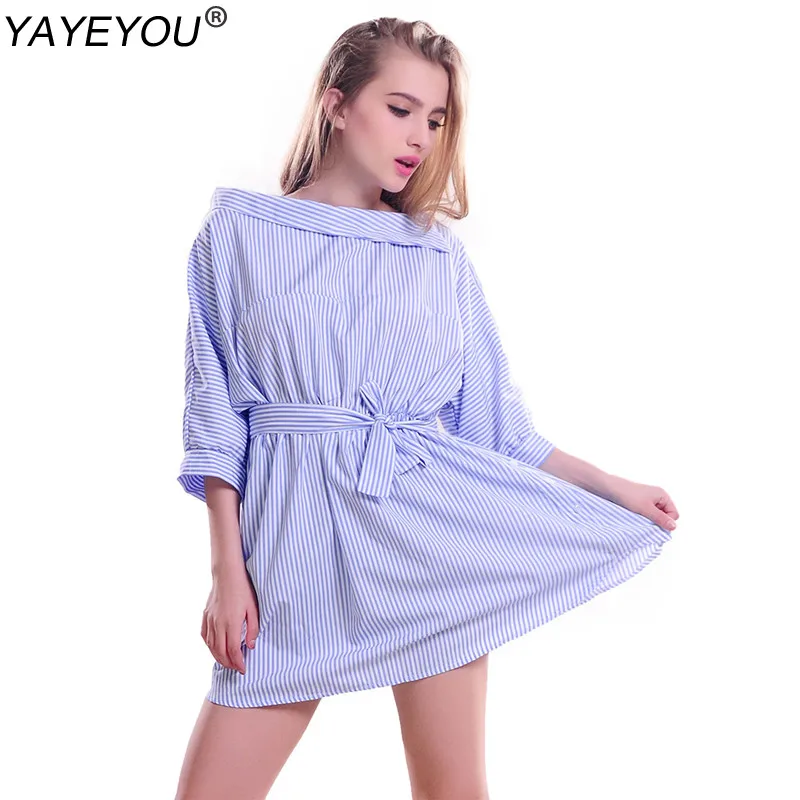 

YAYEYOU Women Clothes Half Sleeve Blue Stripes Off the Shoulder Loose Casual Tie Waist Button Side Mini Vestido Plus Size