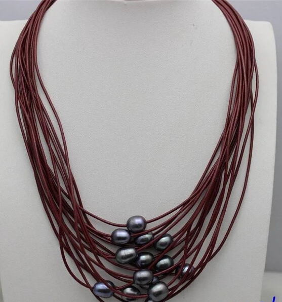

FREE SHIPPINGblack freshwater pearls 15strand red Genuine leather necklace 19-23" Alloy