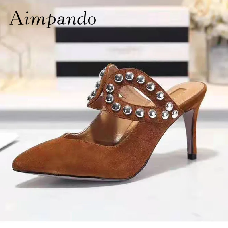 

2019 Rivet Gladiator Sandals Woman Pointed Toe Black Red Brown Suede High Heel Shoes Women Fashion Slippers