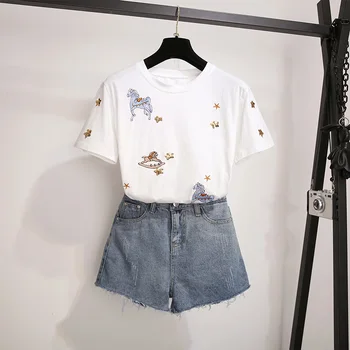 

Comelsexy 2019 New Fashion Summer Sequins Embroidered Horse Short Sleeve T Shirt + Two Piece High Waist Shorts Set