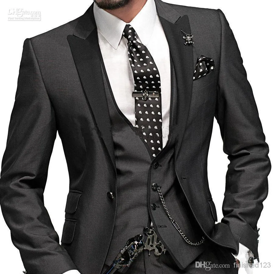 2018 Customized Charcoal Design Groom Tuxedos Wedding Party Suit business Groomsman Suit ( jacket+Pants+vest+tie)