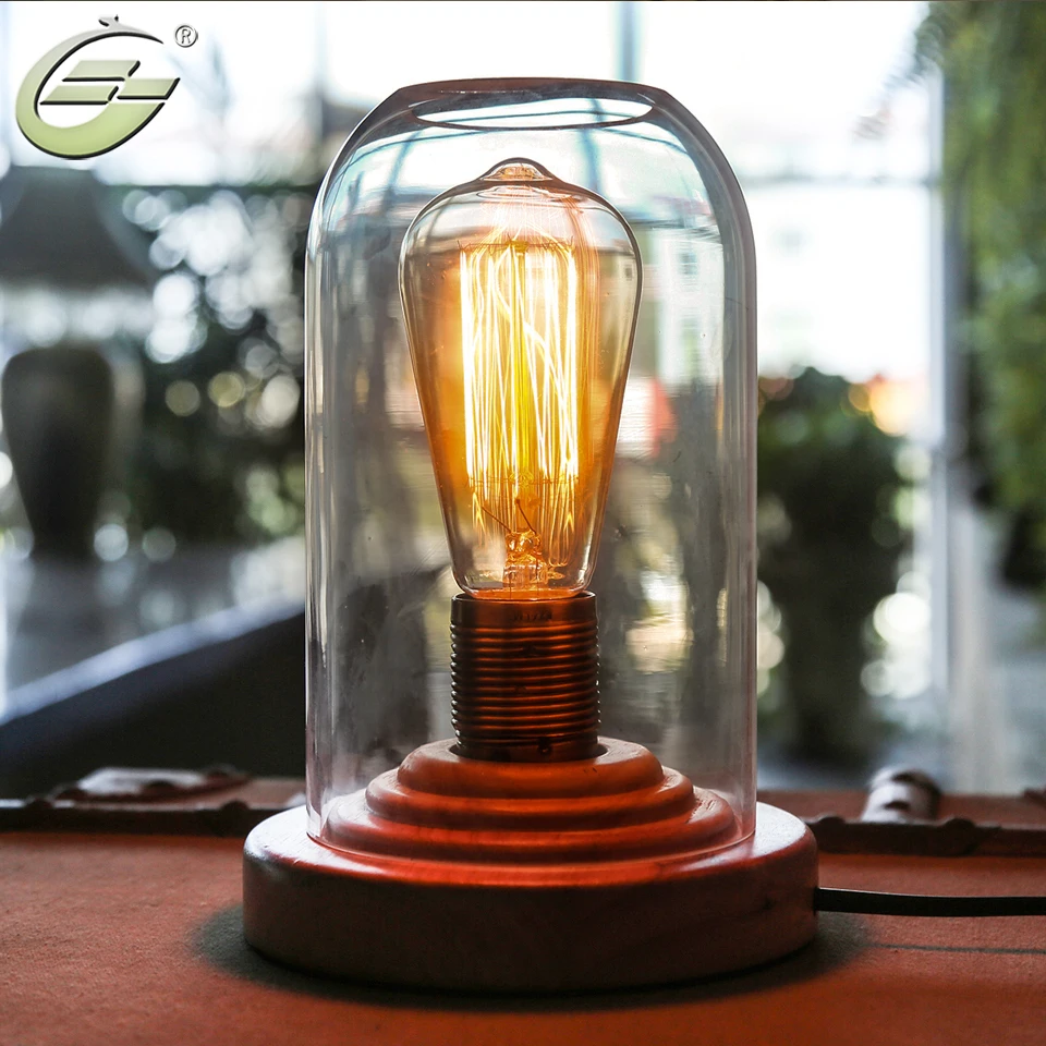 YUENSLIGHTING Лофт винтажная промышленная стеклянная деревянная настольная лампа