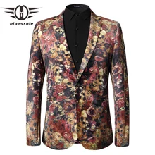 Plyesxale Slim Fit Мужской блэйзер с цветами Череп цветочным узором Для мужчин блейзеры и костюмы, пиджаки с Элитный бренд Для мужчин s одежда для сцены Q34