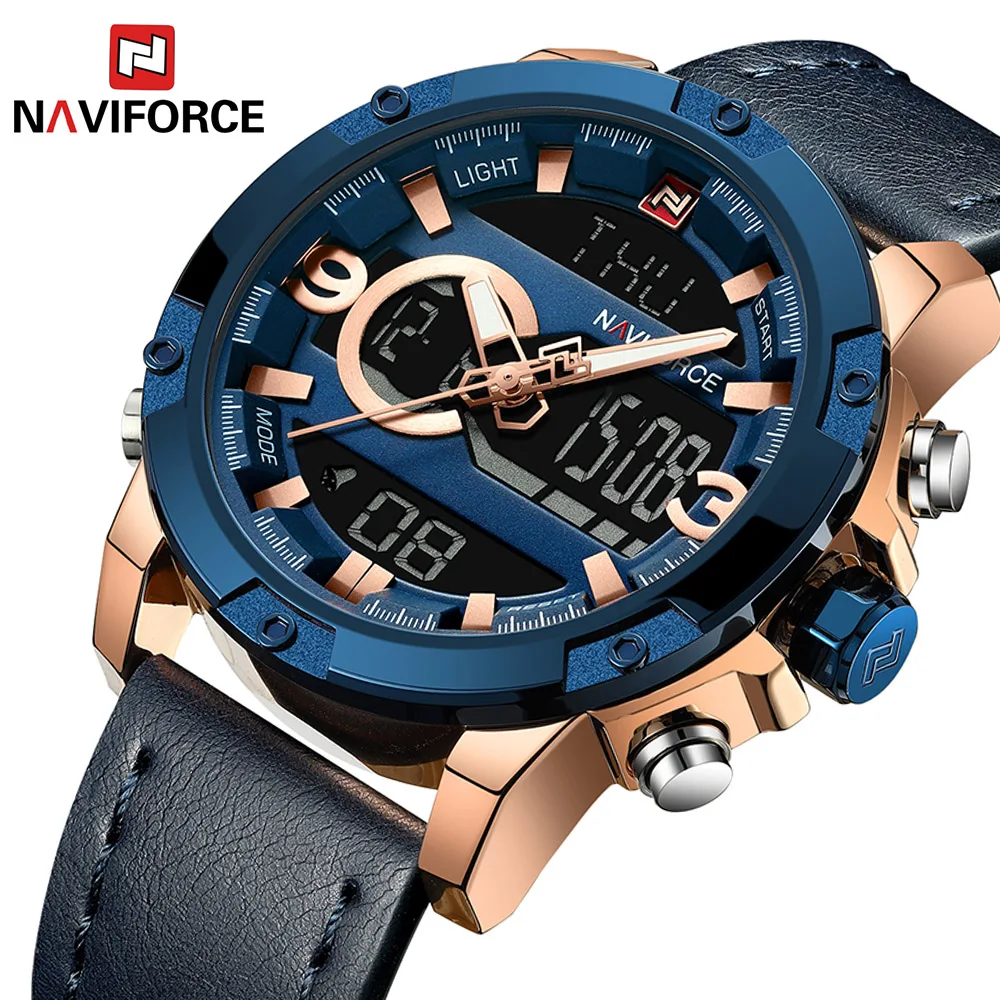 9097 NAVIFORCE Мужские Аналоговые Цифровые кожаные спортивные часы мужские армейские