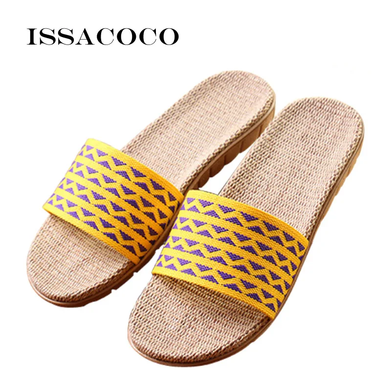 ISSACOCO/женские летние Нескользящие парусиновые льняные тапочки с волнистым узором дышащие домашние тапочки женские пляжные вьетнамки - Цвет: Yellow