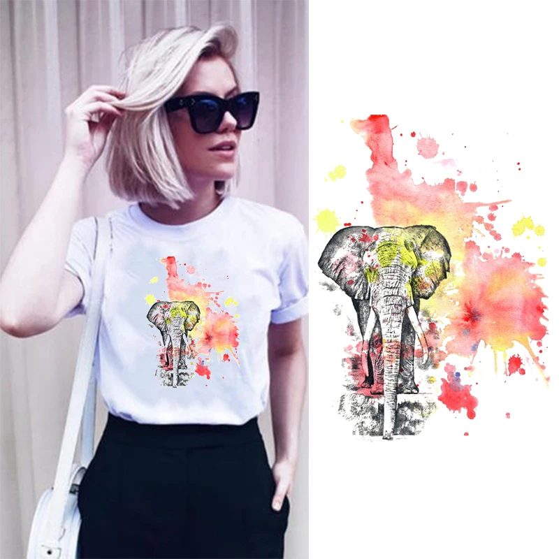 

Watercolor Painting Elephant Iron On Patches Heat Transfer Patches for Clothes Washable Sticker