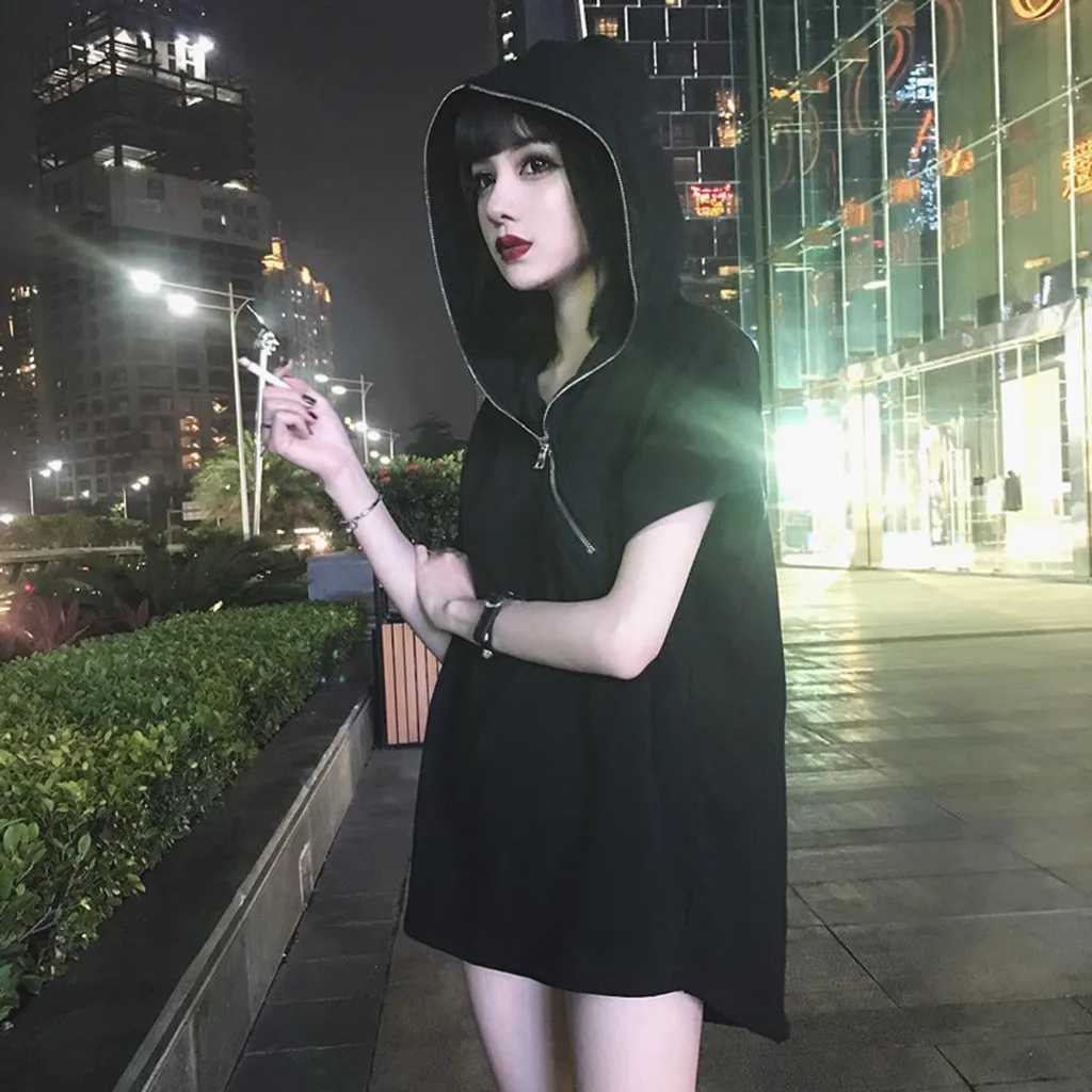 JAYCOSIN, готическое женское платье, на молнии, свободное, harajuku, с капюшоном, мини платье, крутое, короткий рукав, черное, прямое платье, повседневное, панк платье 626