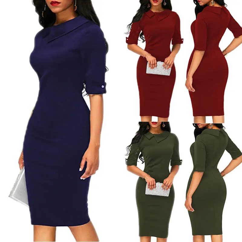 Women Ladies Bodycon Half Sleeves Solid Pencil Dress Evening Party Work