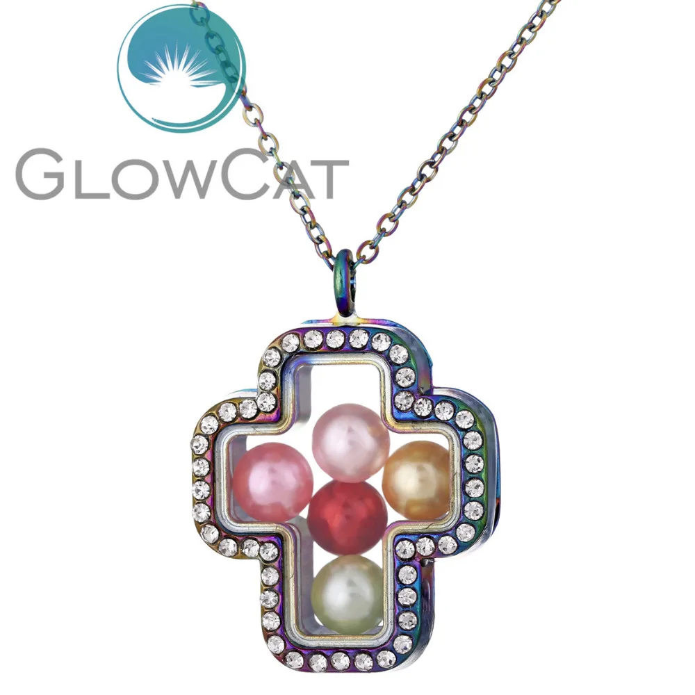 

C1392 Cross Can open head Magnetic Living Memory Glass With Rhinestone Locket Pearl Cage Floating Pendant Charm Necklace