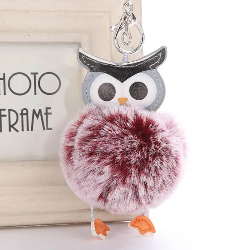 

Fashion Pompom Owl Keychain pom pom Key Chain Rabbit Fur Ball pompom Porte Clef Fluffy Leather Key Ring Llaveros