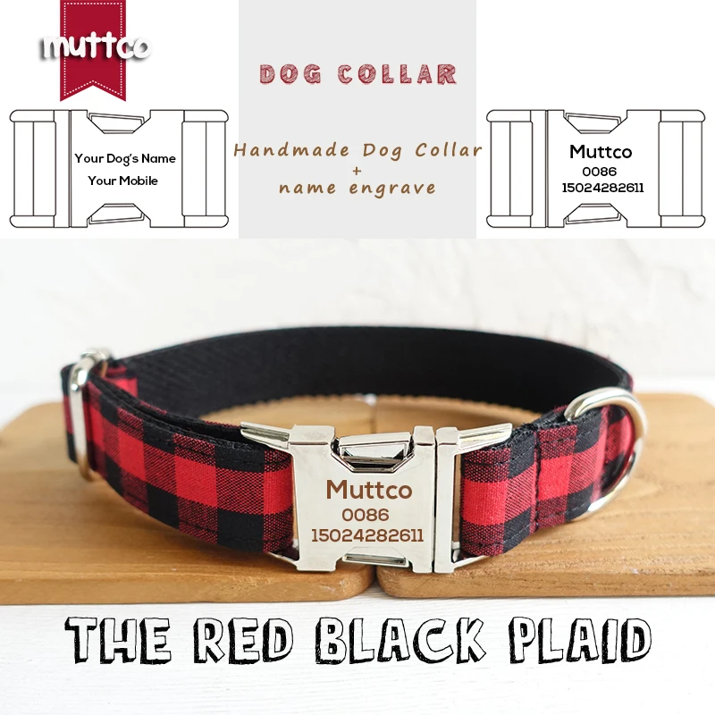

MUTTCO personalized dog ID tag collar for Chihuahua Poodle THE RED BLACK PLAID custom pet name and phone number 5 sizes UDC074