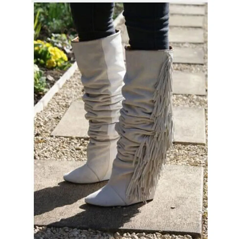 Mujer Haute Botines Pic En Pic Roi Tassel Daim Emma as Hiver Talons Clouté Défilés Genou Bottes As Chaussures Cuir Femmes Wedge De OXlwkuPZiT