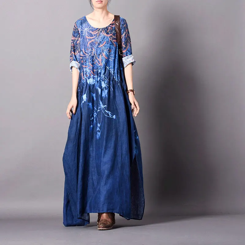 

Women Spring Cotton Linen Print Irreguar Dress Ladies Retro Loose Print Patchwork Dress Female Spliced Printed Dress 2019