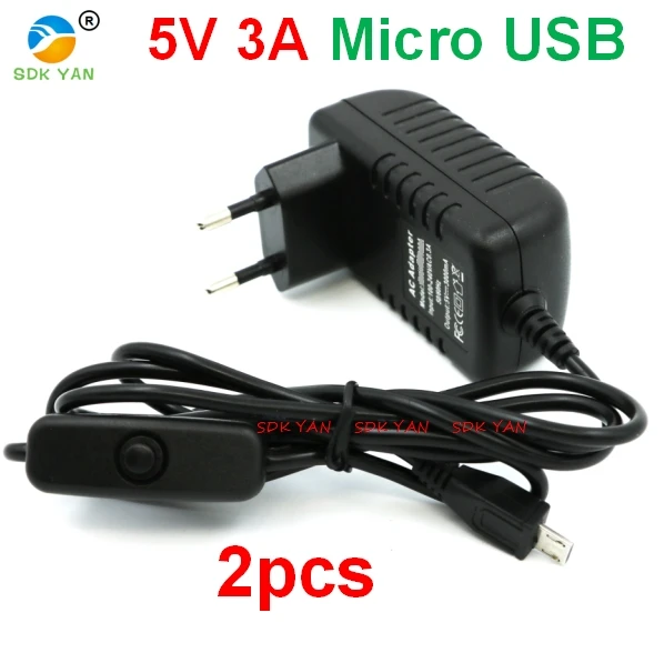 Raspberry Pi 3 de la UE, 2 piezas, 5V, 3A, botón de interruptor, interfaz Micro USB, adaptador