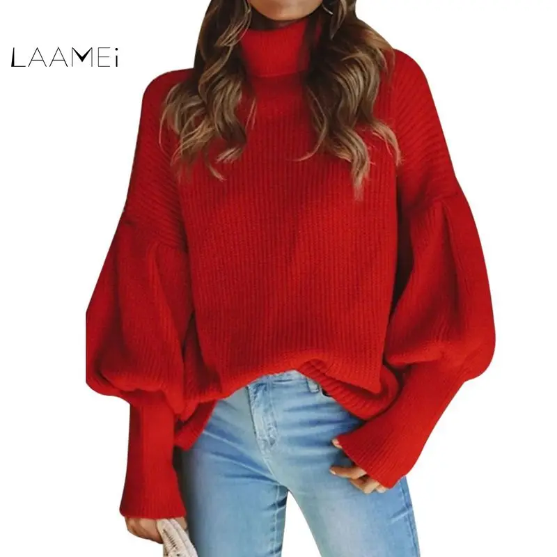 

Laamei 2018 Women Autumn Winter Sweater Loose Turtleneck Thick Warm Pullover And Sweater Long Lantern Sleeves Jumper Femme Pull