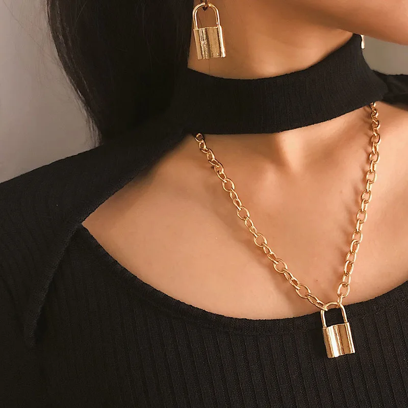 

Hiphop Lock Pendant & Necklace For Women Gothic Link Chain Sweater Neck Collar Femme 2019 New Arrival Party Colar Drop Shipping