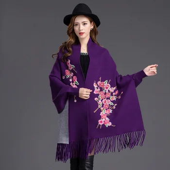 

High Quality New Purple Women's Cashmere Reversible Poncho Zizith Embroider Flowers Shawl Two Side Pashmina Fine Tassel Tippet