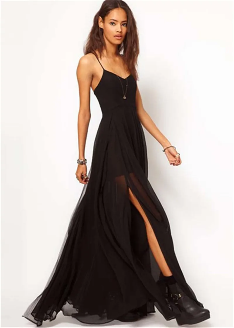 

2018 Summer V-neck Strap Black Women Sexy Dress Basic Chiffon Formal Dress Lady Long Split Party Maxi Elegant Dresses Vestidos