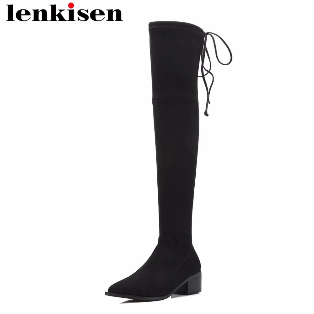 

Lenkisen 2018 square toe slip on med square heels black color genuine leather patchwork bowtie women luxury thigh high boots L11