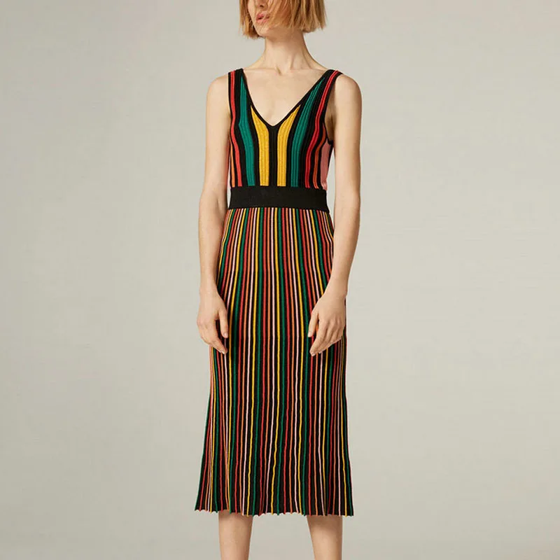 Beste Micosoni Kleurrijke Streep Italiaanse Mode Truien 2018 Lente Sexy V hals vrouwen Gold Multi kleur Stiksels Slim Gebreide Jurk s L