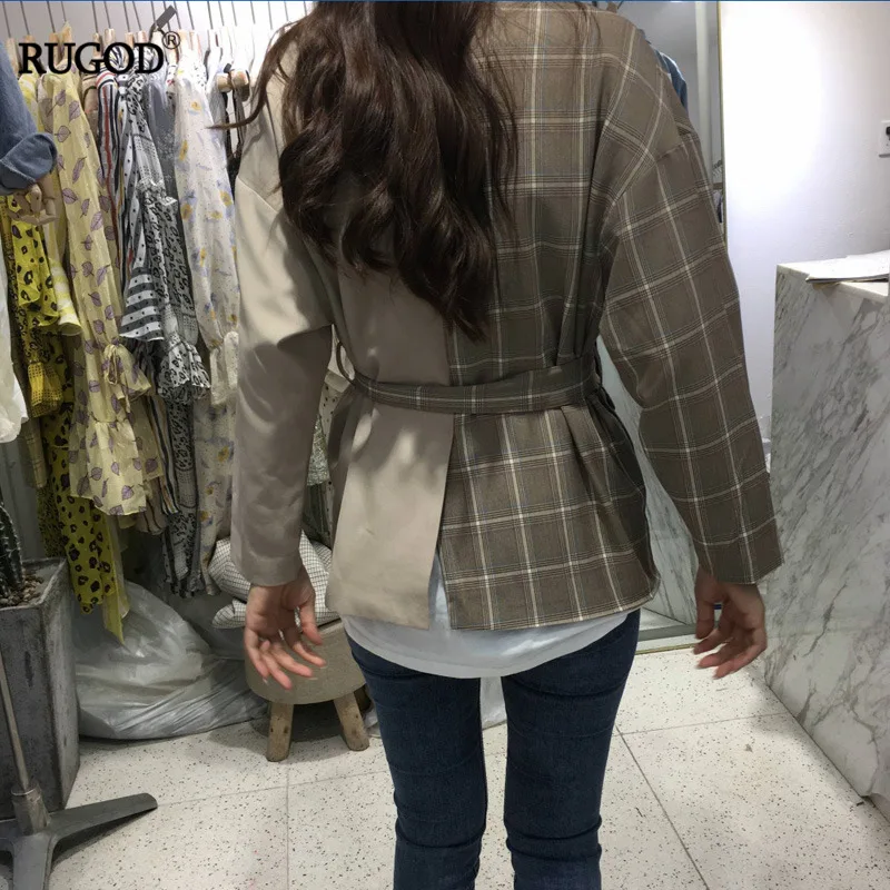 RUGOD 2019 элегантный клетчатый блейзер с поясом корейская мода пэчворк офисный