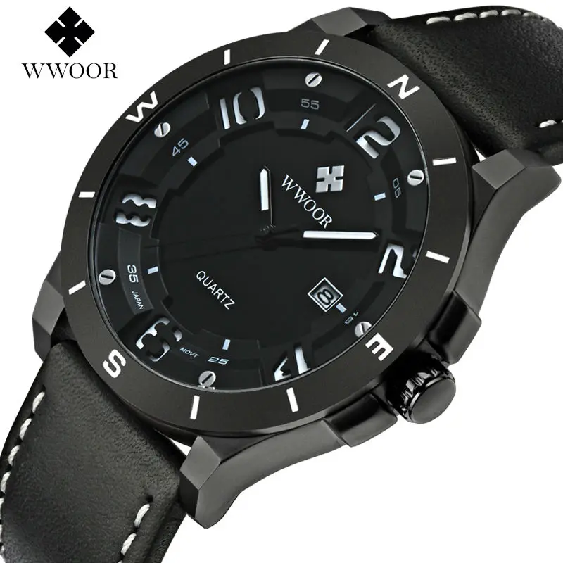 

WWOOR Luxury Brand Men Sports Watches Men's Quartz Hour Day Date Clock Male Casual Watch Leather Strap Wrist Watch Waterproof