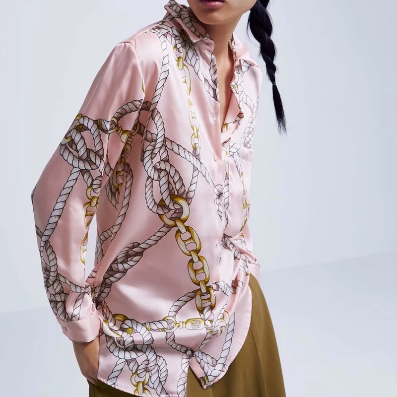 

Spring Women's Shirt Blouse Casual Chain Print Lapel Long Sleeve Shirt