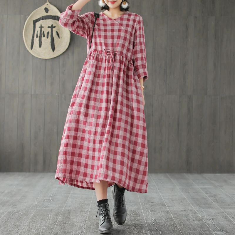 

romantic spring literary plaid cotton linen full dress v-neck Drawstring waist loose A-Line dress mori girl
