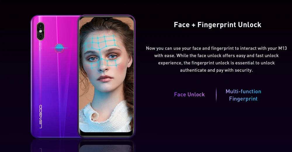 Смартфон LEAGOO M13 Android 9,0 19:9 6," с каплями воды, 4 Гб ОЗУ, 32 Гб ПЗУ, четырехъядерный процессор MT6761, отпечаток пальца, распознавание лица, 4G, мобильный телефон