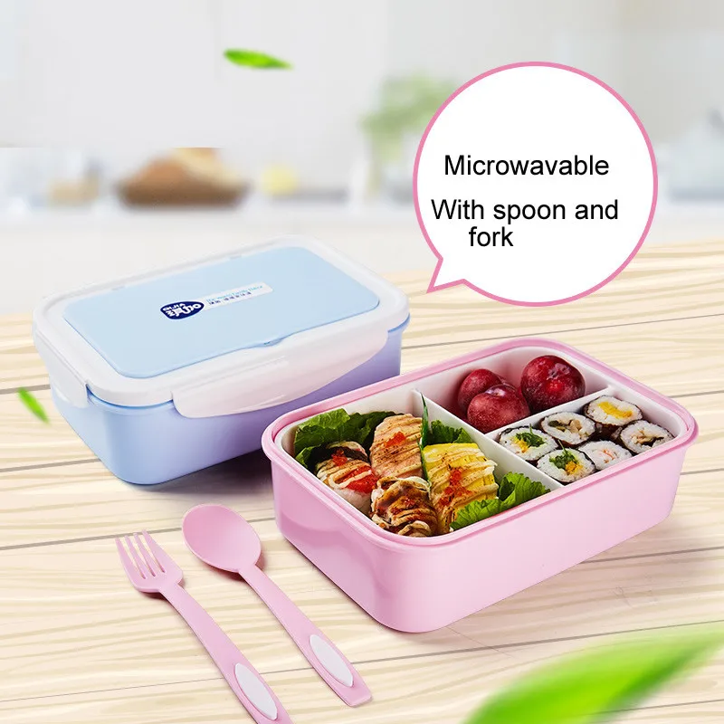 Portable Eco Friendly 3 grid separated Lunch Box Microwavable Food Grade PP Lunch Box With Fork