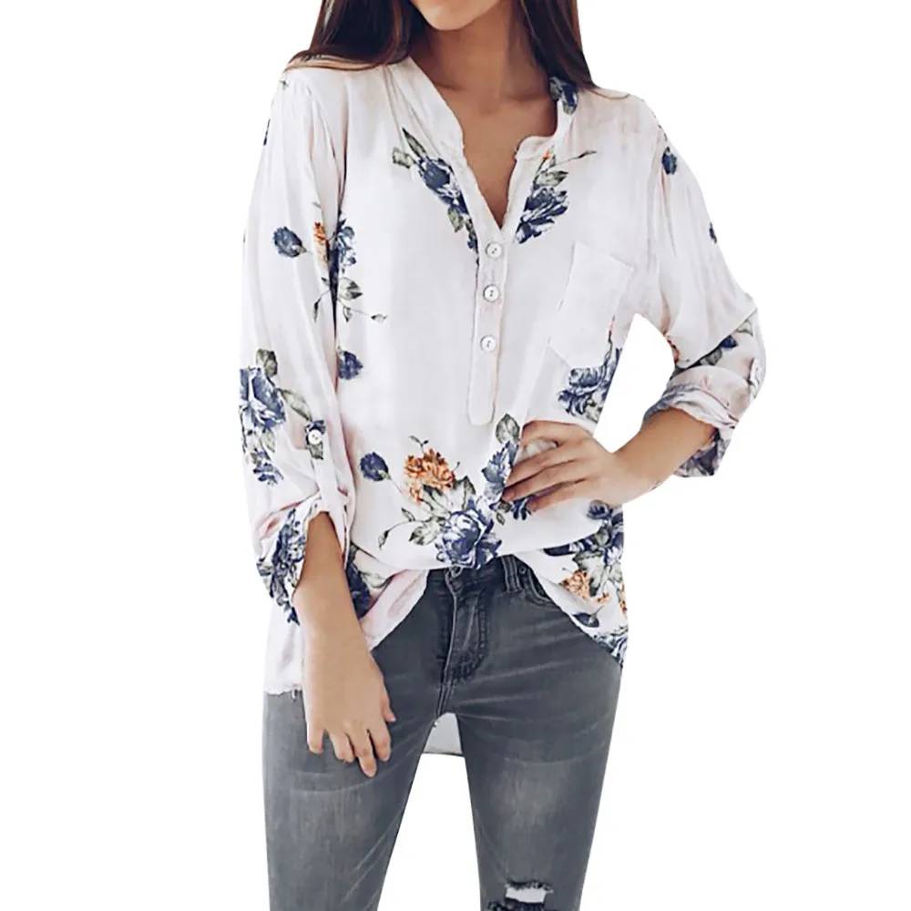 

Women Blouses Long Sleeve V Neck Floral Print Button Tops Blouse shirt women Ladies Summer tops blusas femininas elegante