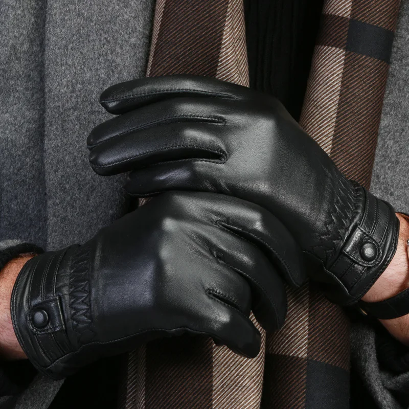 

2018 autumn winter men gentlemen classic Belt Buttons soft lining Russia England leather driving warm sheepskin gloves mittens