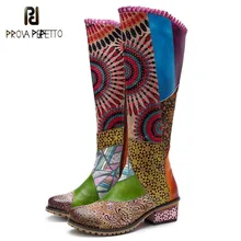 Prova Perfetto Весна с цветочным принтом сапоги и ботинки для девочек кожа женские сапоги шить этническая ветер колена обувь с толстой подошвой zapatos de mujer