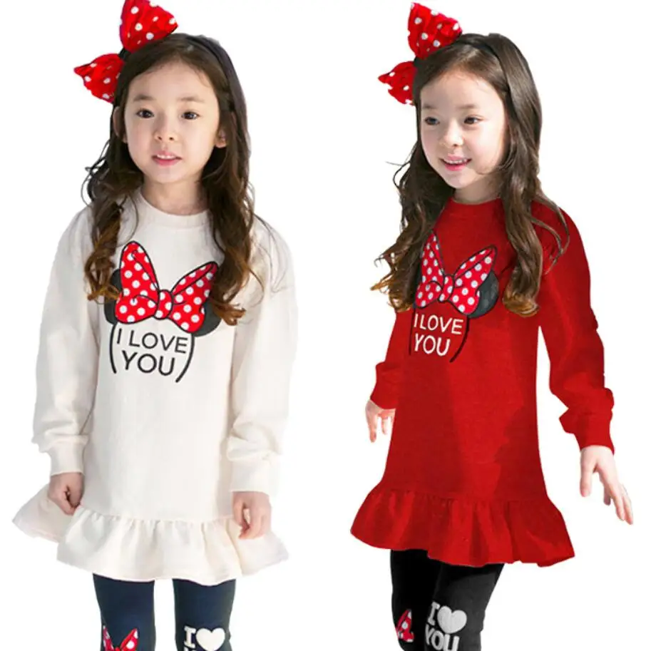 Модный детский костюм с Минни Маус на весну-осень рубашка с длинными рукавами красного и белого цвета+ леггинсы Детская одежда для девочек 2-8 лет
